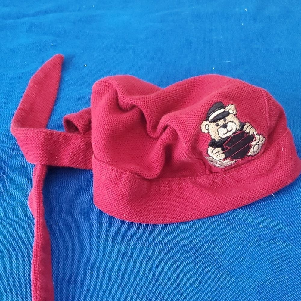Vintage Red Baby Durag Tie Hat 12M Embroidered Sailor Bear Biker Cap